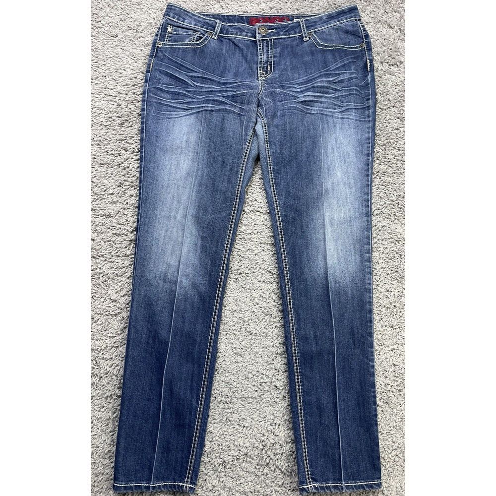 Bongo Women Blue Denim Distressed Heavy Stitch Straight Mid Rise Jeans size 17.